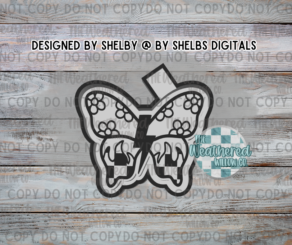 Checkered flame & flower Butterfly - Silicone Freshie Mold