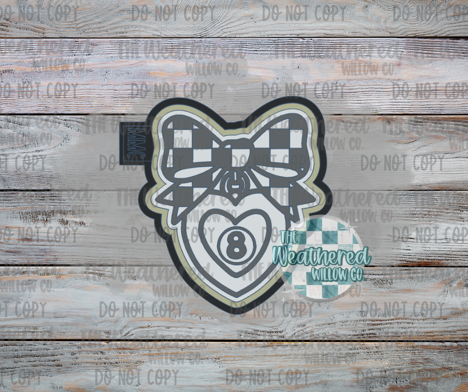 8 Ball heart locket with checkered bow - Silicone Freshie Mold