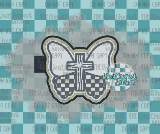 Checkered butterfly with wooden cross - Silicone Freshie Mold