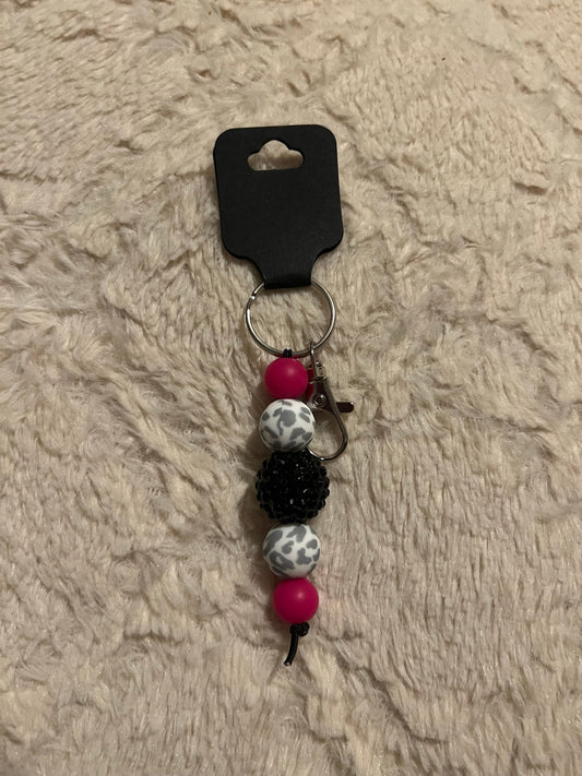 Hot Pink/Gray Cheetah Print - Silicone Bead Keychain